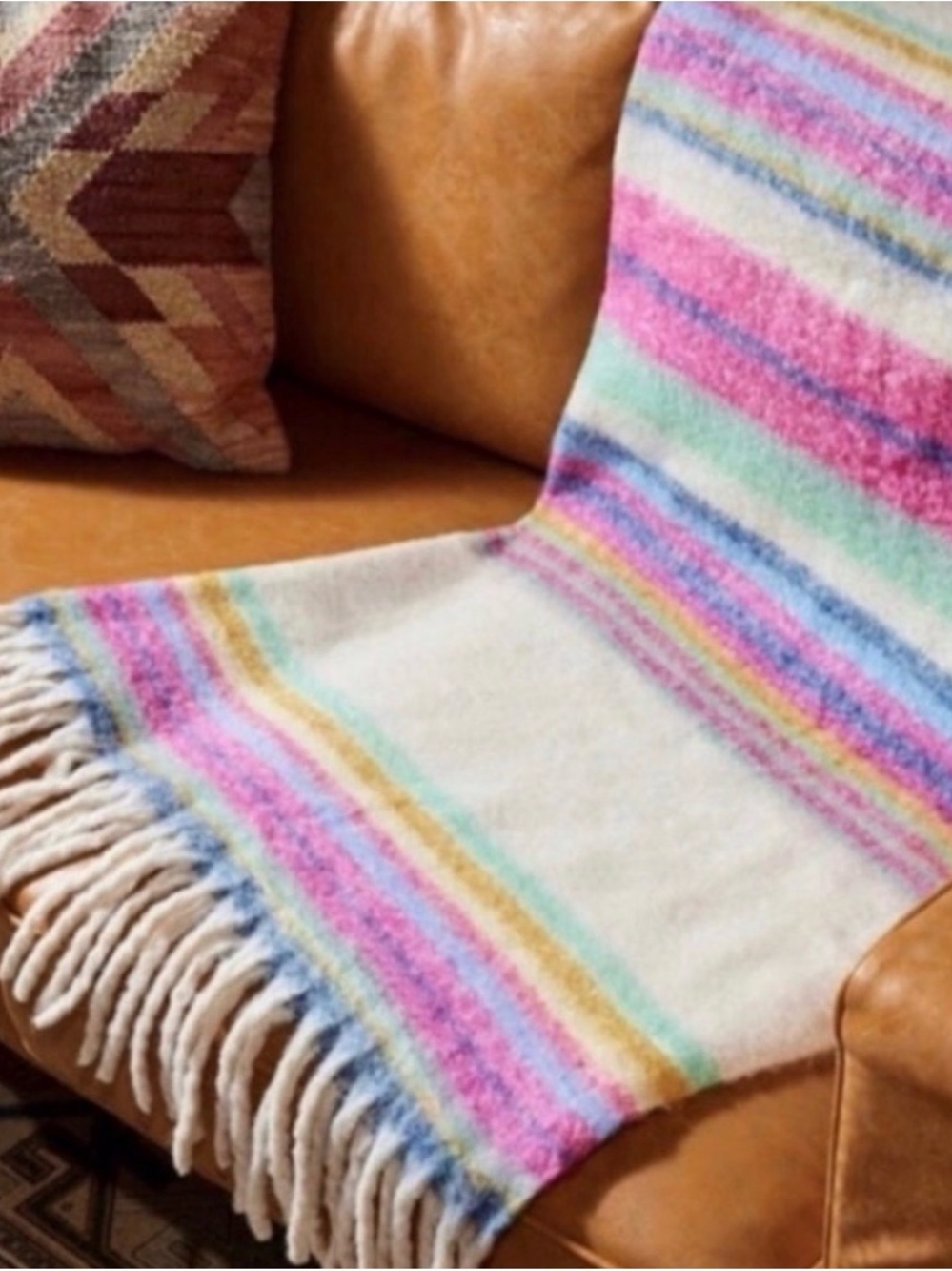 Free People Striped Pastel Fringe Throw Blanket - 50x60”